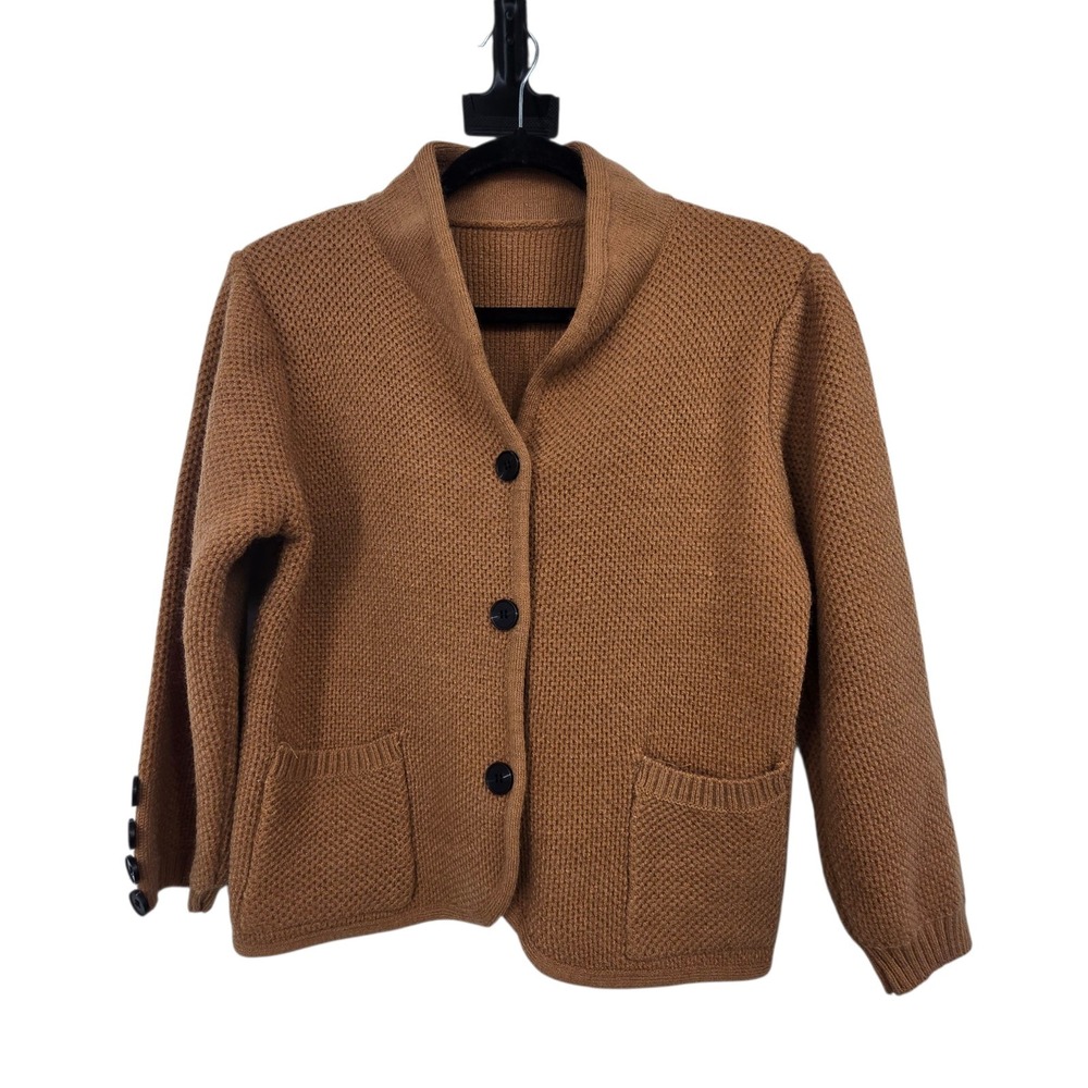Textured Boxy Sweater Knit Cardigan Womens MED Brown Cropped Buttons Pockets